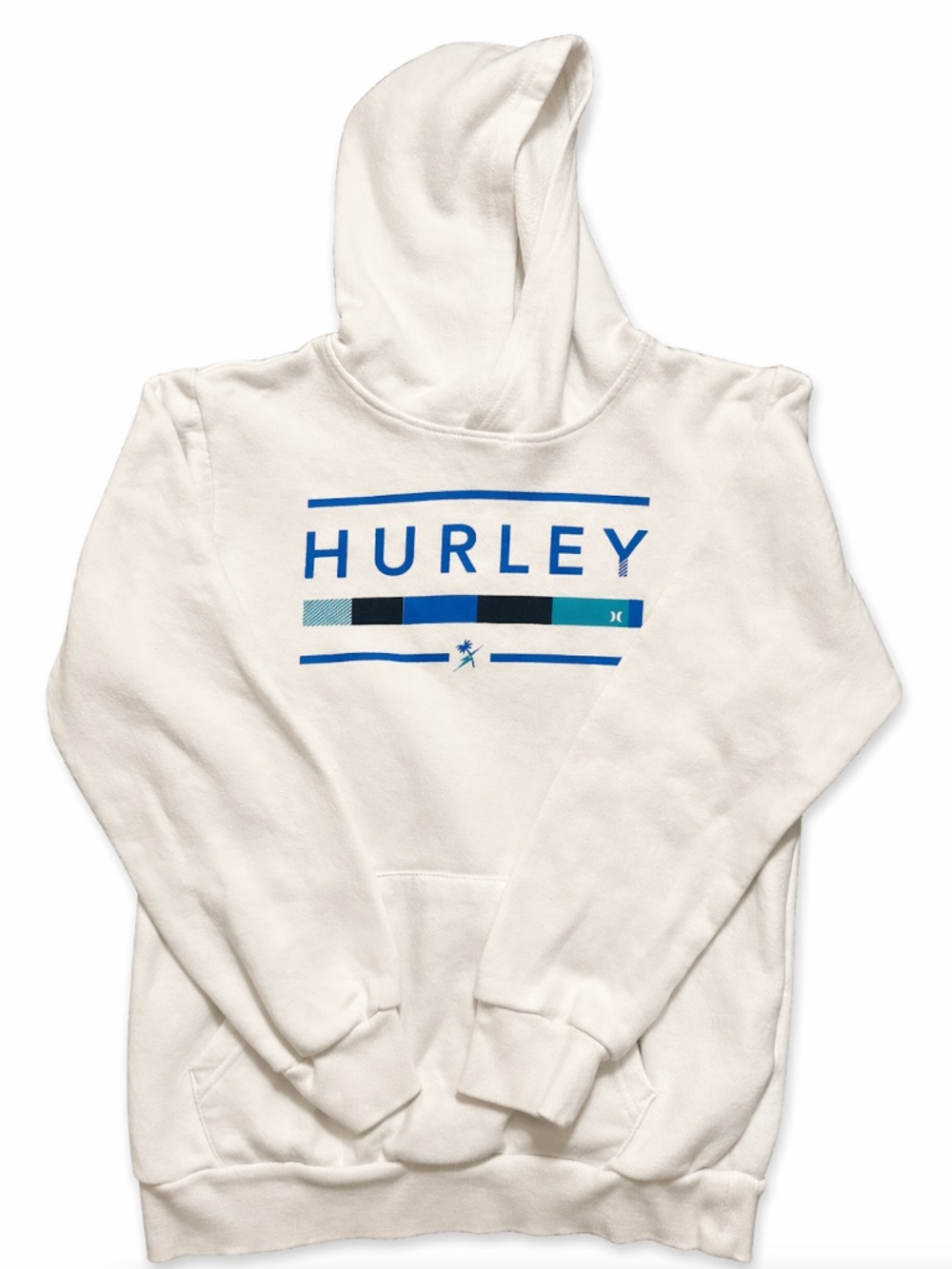 Hurley Boys XL White Pullover Hoodie Sweatshirt Blue Logo 13–15Y EUC